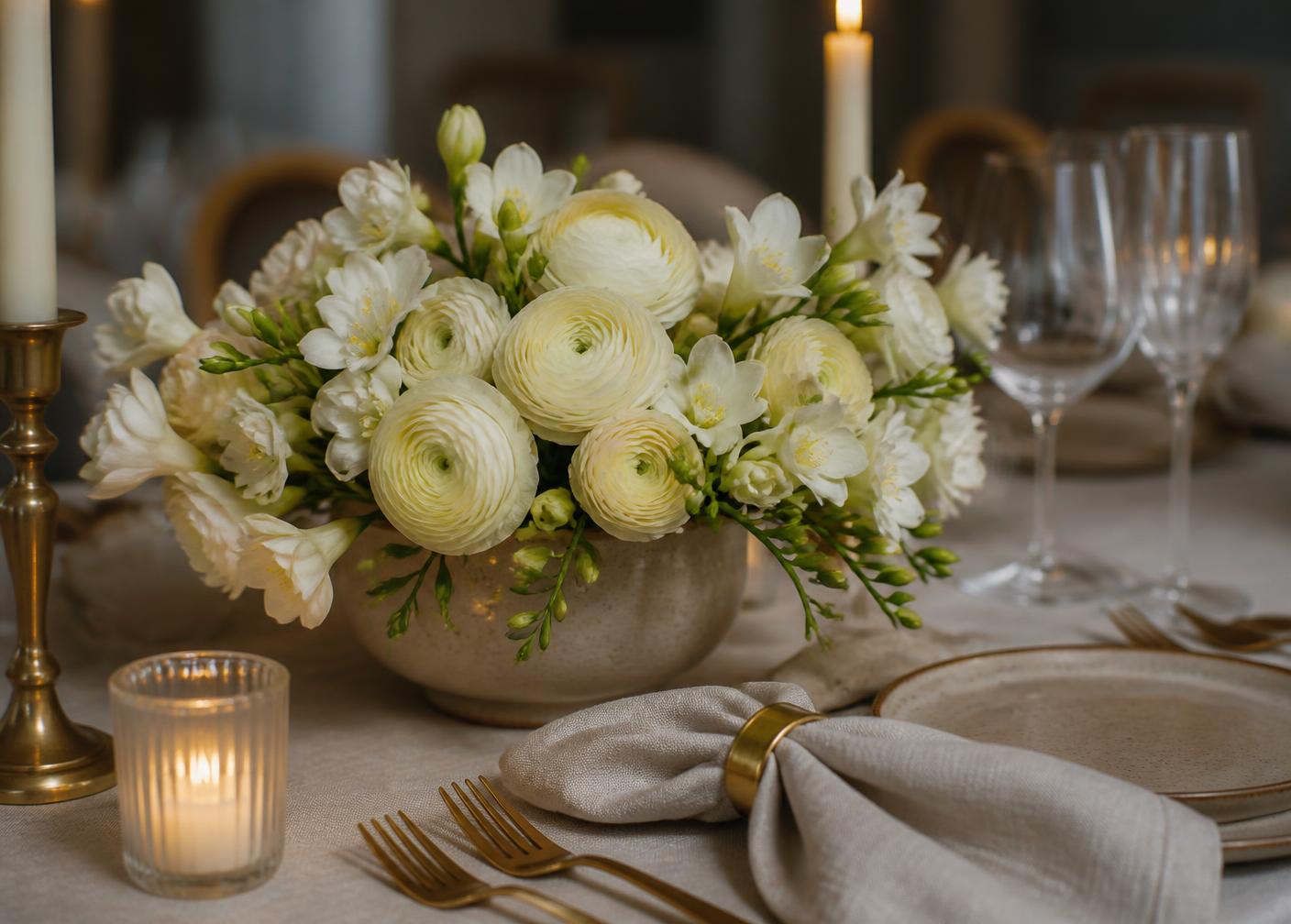 Kwiatowe centerpiece na eleganckim stole bankietowym